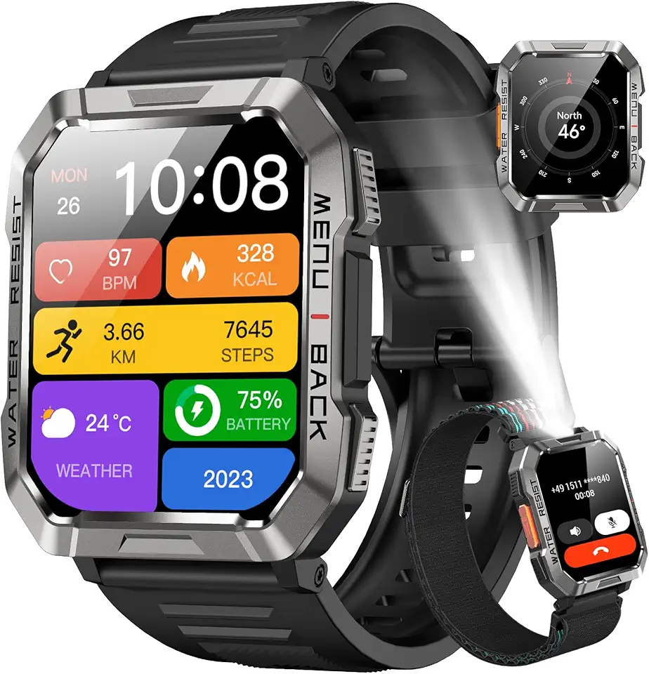 Blackview Smartwatch Uomo, Smartwatch Militare Uomo Fitness con Chiamate Bluetooth,2.01" Orologio Intelligente 112+ Modalità Sportive/900 mAh/Sonno/Cardiofrequenzimetro/Torcia/Bussola per Android IOS Carbonfree Certified The Forest Stewardship Council