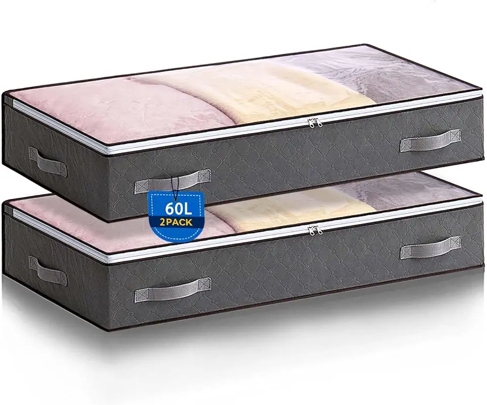 Boic 2 Pezzi 60L Contenitori Sottoletto, Salvaspazio Scatole Per Armadio Pieghevole Sottoletto Per Coperte Contenitore Sottoletto Con Finestra Trasparente Per Vestiti Trapunte Coperte