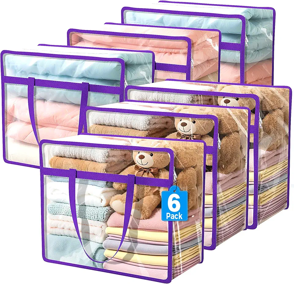 Budding Joy Confezione da 6 sacchetti trasparenti in plastica da 40 l, con coperchio, sacchetti portaoggetti per vestiti, organizer in PVC con cerniera, per biancheria da letto, lenzuola, coperte