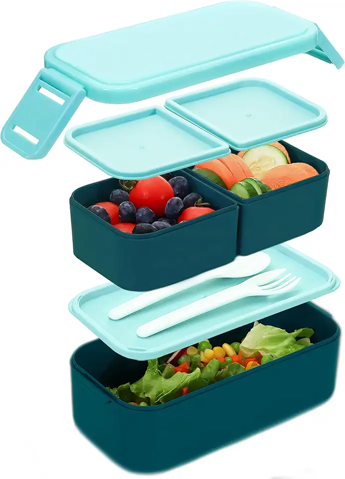 Bugucat Lunch Box 1300ML, 2 Strati Porta Pranzo con 3 Scomparti, Contenitore Pranzo Impilabile Porta Portapranzo da Ufficio, Bento Box con Forchetta e Cucchiaio Microonde Sicuro,Blu