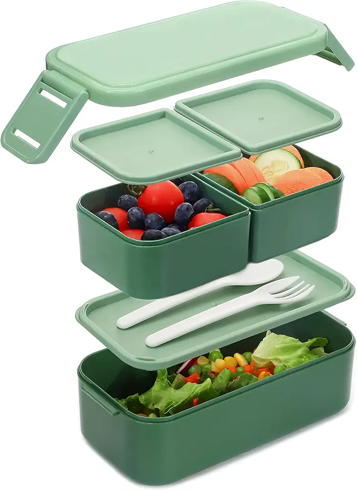 Bugucat Lunch Box 1300ML, 2 Strati Porta Pranzo con 3 Scomparti, Contenitore Pranzo Impilabile Porta Portapranzo da Ufficio, Bento Box con Forchetta e Cucchiaio Microonde Sicuro,Verde