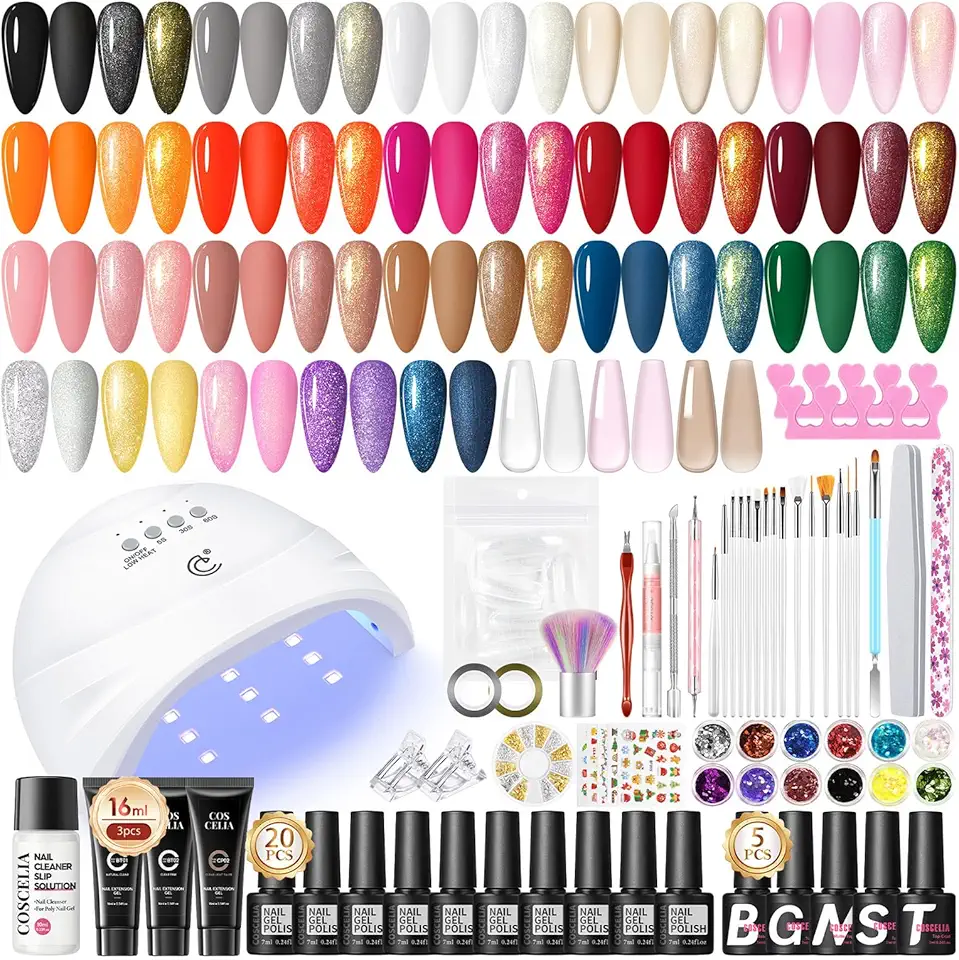 COSCELIA 52pcs Kit Semipermanente Unghie con Lampada, 20 Colori Smalto Unghie e 3 Colori Extensione Gel Kit Ricostruzione Unghie, 5pcs Base Top Coat Manicure Set Regali per Donne Bianco Rosa