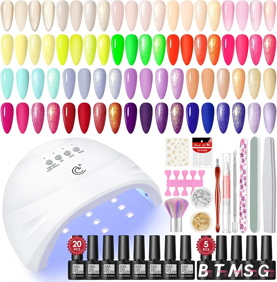 COSCELIA Kit Semipermanente Unghie e Lampada 20 Colori + 5pz Smalti Semipermanenti Colore Rosa Nudo Viola Rosso Blu Verde Unghie Gel Set per Manicure e gli Strumenti di Basi per Manicure