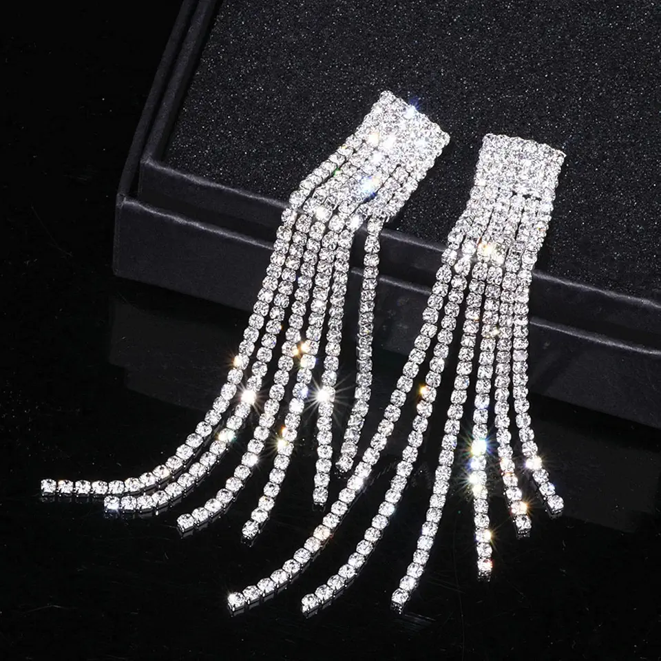 CXWK Orecchini Pendenti con Nappe in Cristallo di Strass Color Argento da Donna, Gioielli da Sposa