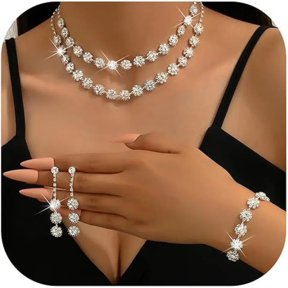 Calkkrer Set di 3 gioielli in argento da donna, con strass, collana e bracciale in argento, con strass, collana e braccialetto, gioielli di perle per matrimonio