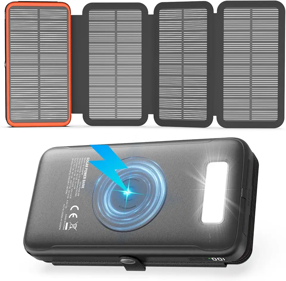 Caricatore Solare 27000mAh Power Bank Wireless - 22,5W Ricarica Rapida USB-C Batteria Esterna con Tre Uscite USB PD 4.0 QC 3.0 e 4 Pannelli Solari per Smartphone Tablet (Arancione)