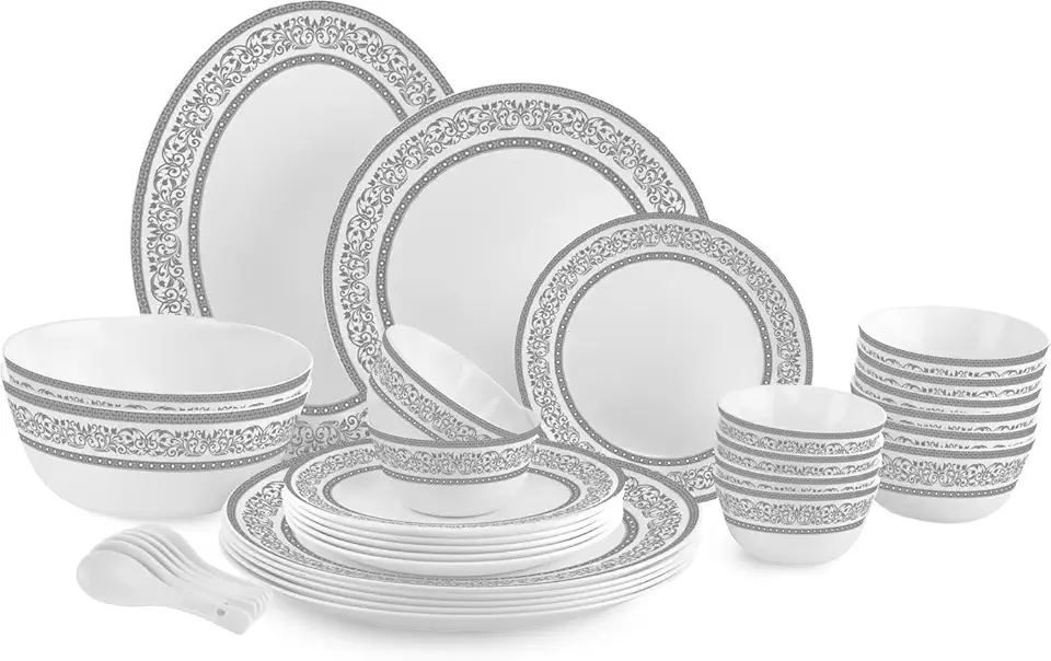 Cello Opalware Solitaire Argento - Servizio da tavola in vetro opalino, 33 pezzi, colore: Bianco