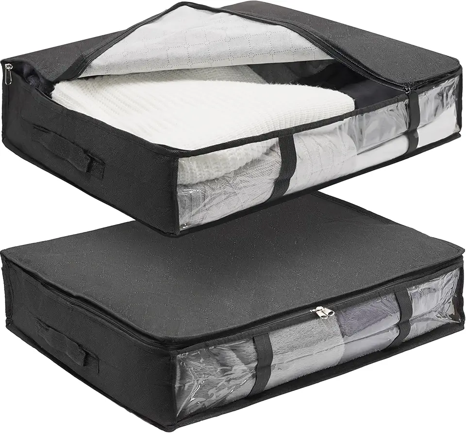 Contenitori Sottoletto Salvaspazio in Tessuto con Cerniera, Maniglie e Finestre Trasparenti – Set 2 Pezzi per Vestiti, Scarpe, Coperte – Scatole Organizer Sotto Letto Resistenti