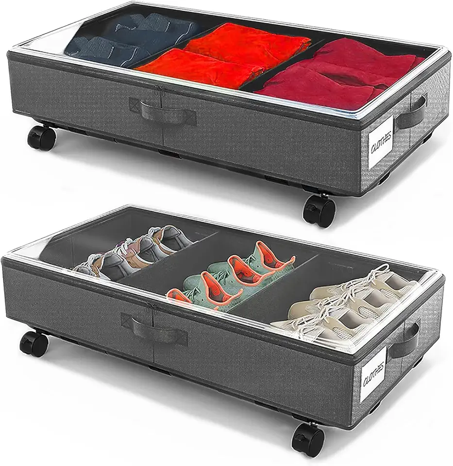 Contenitori Sottoletto con Ruote 2 Pezzi 96L Scatole per Armadio Salvaspazio Organizer Contenitore Vestiti Telaio in Metallo Scatola Sotto Il Letto con Coperchio per Vestiti Trapunte (Grigio)
