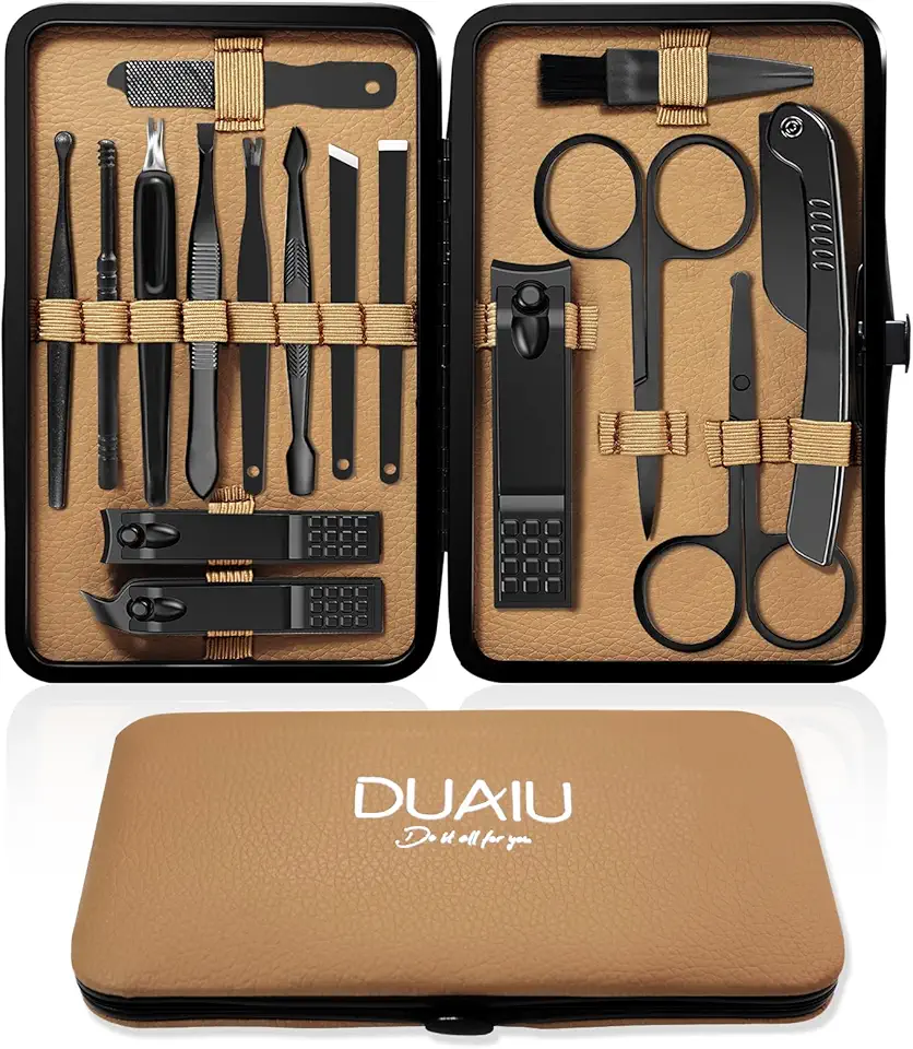 DUAIU Set manicure per donne 16 PCS Tagliaunghie professionale Set pedicure per uomini, kit unghie in acciaio inox con custodia per i viaggi (Nero A)