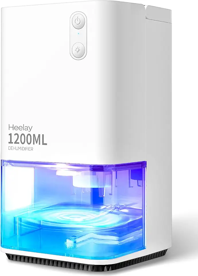 Deumidificatore 1200 ml, Heelay® Deumidificatore silenzioso Piccolo elettrico Basso consumo 7 colori LED Portatile Spegnimento automatico Bagno Armadio Camera da letto Ufficio Camper Bianco ClimatePartner certified