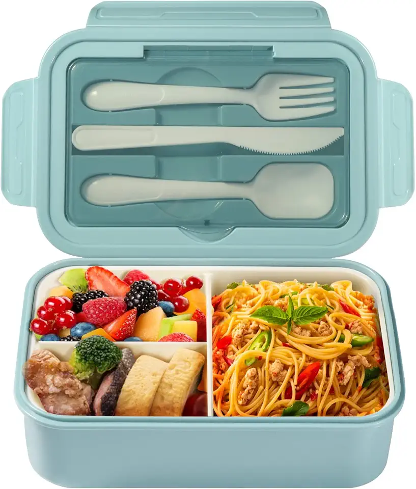 Diboniur Lunch Box, Porta Pranzo con Posate, 1400ml Bambino Adulto Bento Box con 3 Scomparti, Schiscetta Contenitore Pranzo per Microonde Lavoro Picnic Ufficio (Blu)