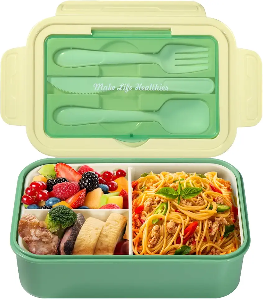 Diboniur Porta Pranzo, 1400ml Lunch Box con Posate, Schiscetta Pranzo Bambino Adulto Bento Box con 3 Scomparti, Schiscetta Contenitore Ermetico per Microonde Ufficio Lavoro Picnic (Verde)