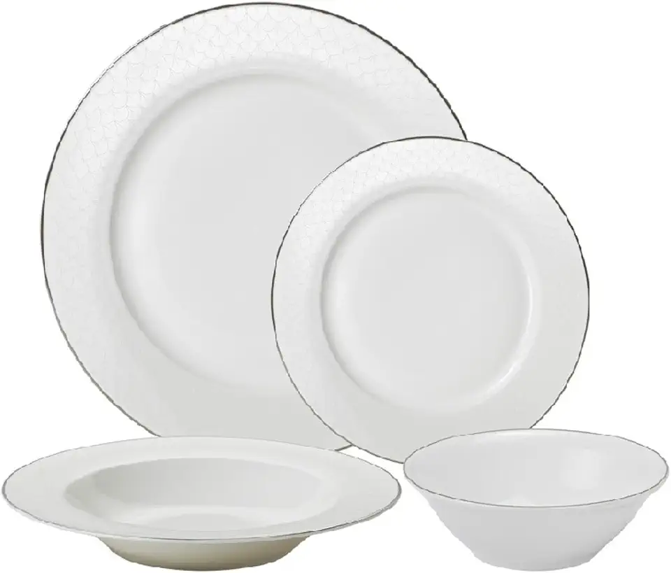 Elegante servizio da tavola in porcellana da 24 pezzi, per 6 persone, con bordo argentato