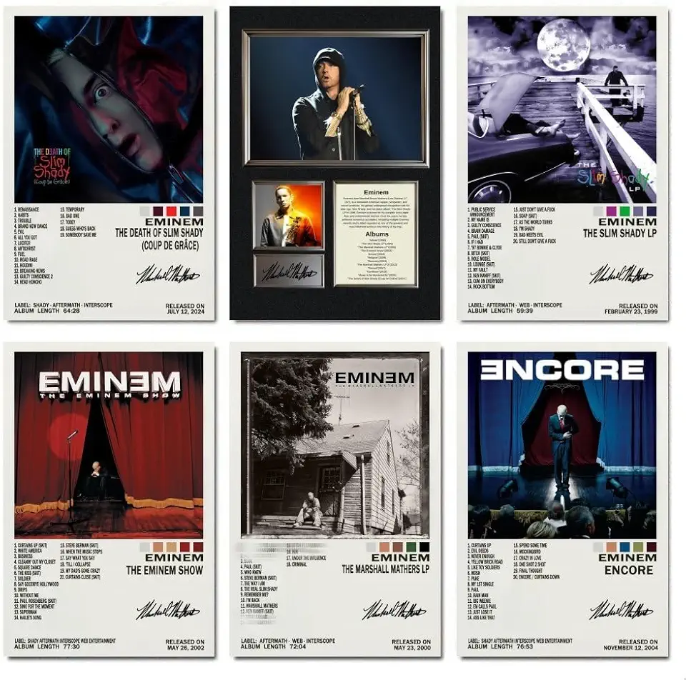 Eminem Set di 6 poster su tela firmati con copertina di album rapper, edizione limitata, poster musicali per camera da letto, poster e stampe artistiche da parete, 20 x 30 cm, stile 6