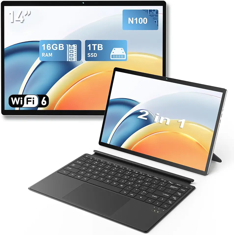 FUNYET Portatili 2 in 1, Laptop Portatile Win 11 da 14", Computer Portatile N100 da 16GB RAM 1TB SSD, Telecomando Bluetooth con retroilluminazione e disattivazione delle luci dattiloscopiche