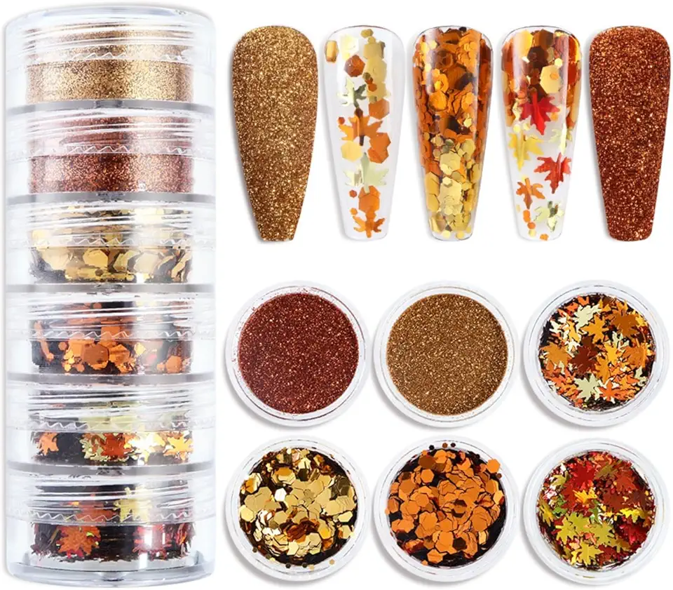 Foglia d'acero caduto nail art paillettes,6 box glitter paillettes nail glitter chunky glitter set fiocchi glitter iridescenti per il design fai da te nail art design Pailletten Ahornblatt