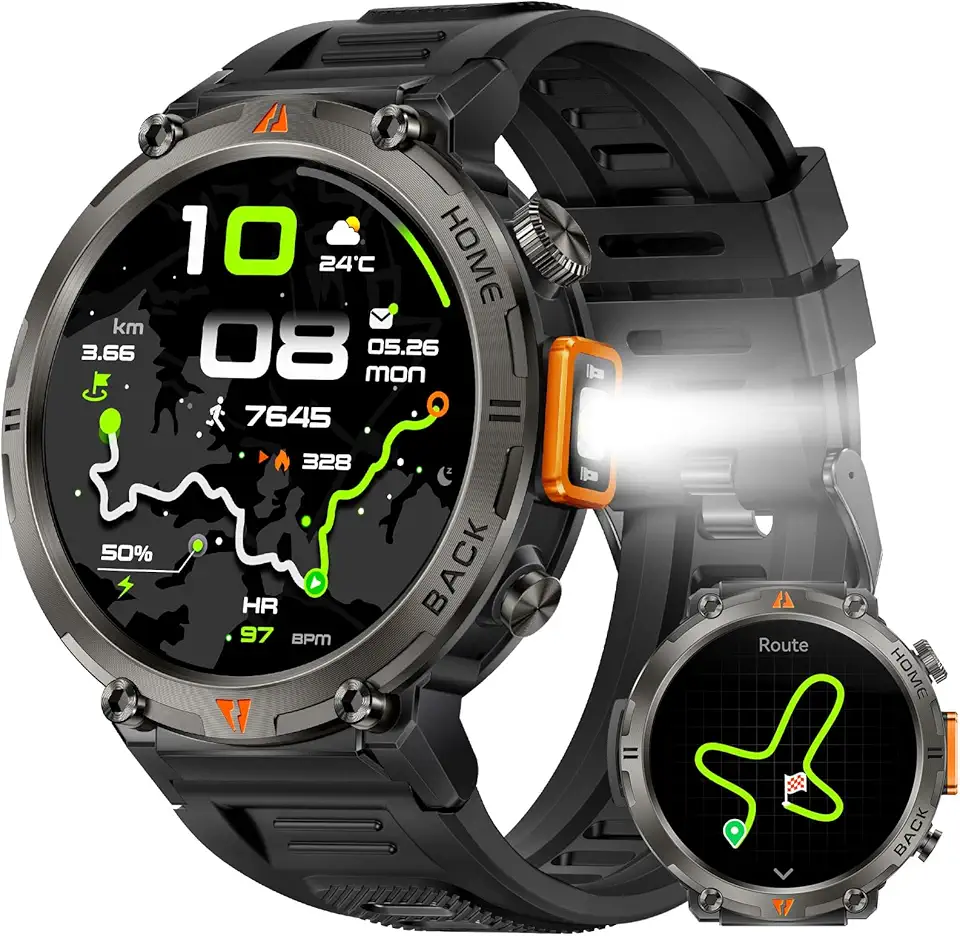 GPS Smartwatch Militare Uomo Impermeabile 3ATM con Torcia LED Bussola, 1,45" HD Rugged Smartwatch Orologio con Chiamate Bluetooth, Fitness Watch con Cardiaca SpO2 Notifiche WhatsApp per Android iOS