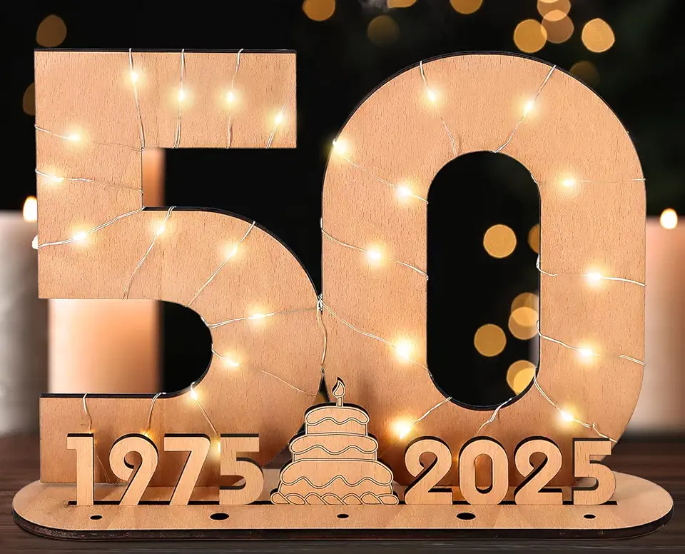 Giftota 2025 Originale Libro degli Ospiti in Legno per Uomo e Donna - 50 Anni Regali Creativi in Denaro - Regalo di Compleanno in Legno per Il 50° Anniversario con Luci LED - DIY Decorazioni in Legno