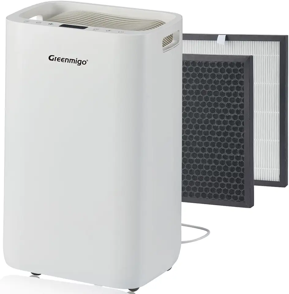 Greenmigo Deumidificatore con ionizzatore 20 l/giorno per stanza fino a 65 mq, filtro HEPA, asciugatura del lino, timer, serbatoio da 4,5 l, purificatore d'aria silenzioso per casa, cucina, ufficio