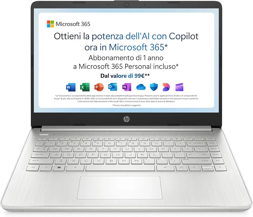 HP Laptop 14s-dq3000sl, Intel Celeron N4500, RAM4GB DDR4, SSD 128GB, Scheda Intel UHD, Display 14” FHD, SVA, Antiriflesso, Wi-Fi, Bluetooth 4.2, Win11S, Microsoft 365 Personal 12 mesi incluso, Argento