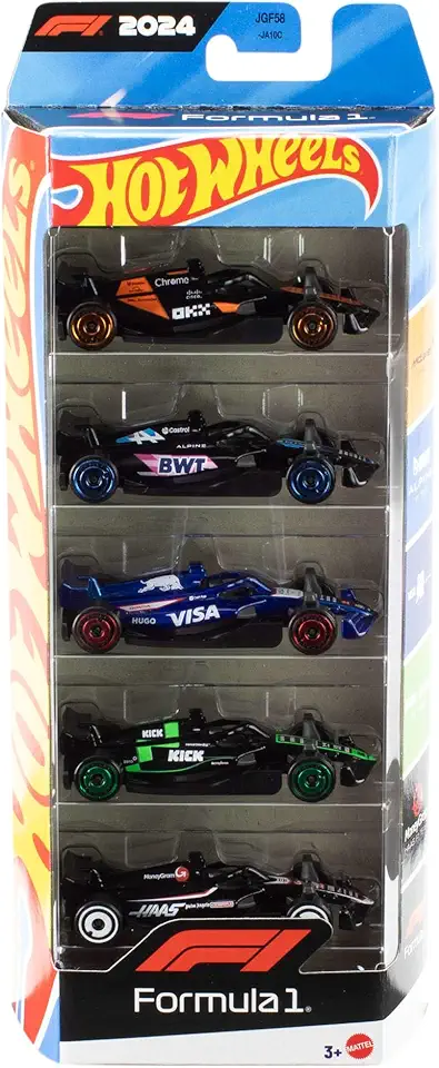 Hot Wheels Formula 1, Set da 5 macchinine auto da corsa, cinque veicoli die-cast in scala 1:64 con decorazioni dei team di corse di F1, giocattolo per bambini, 3+ anni, JFG58