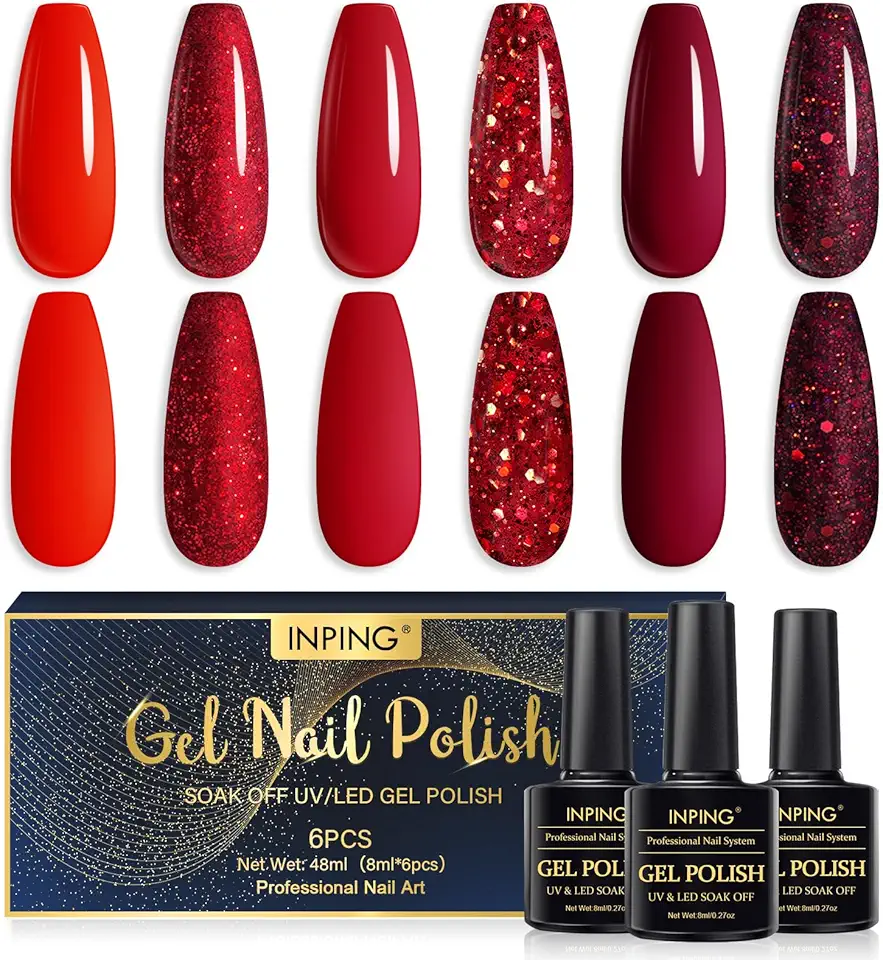 INPING Smalto Semipermante Per Unghie Rosso, 6 Colori Rosso Scuro San Valentino Serie Set Di Smalti 8ml DIY Rosso Scuro Glitter ie Gel per Halloween/Natale Nail Art