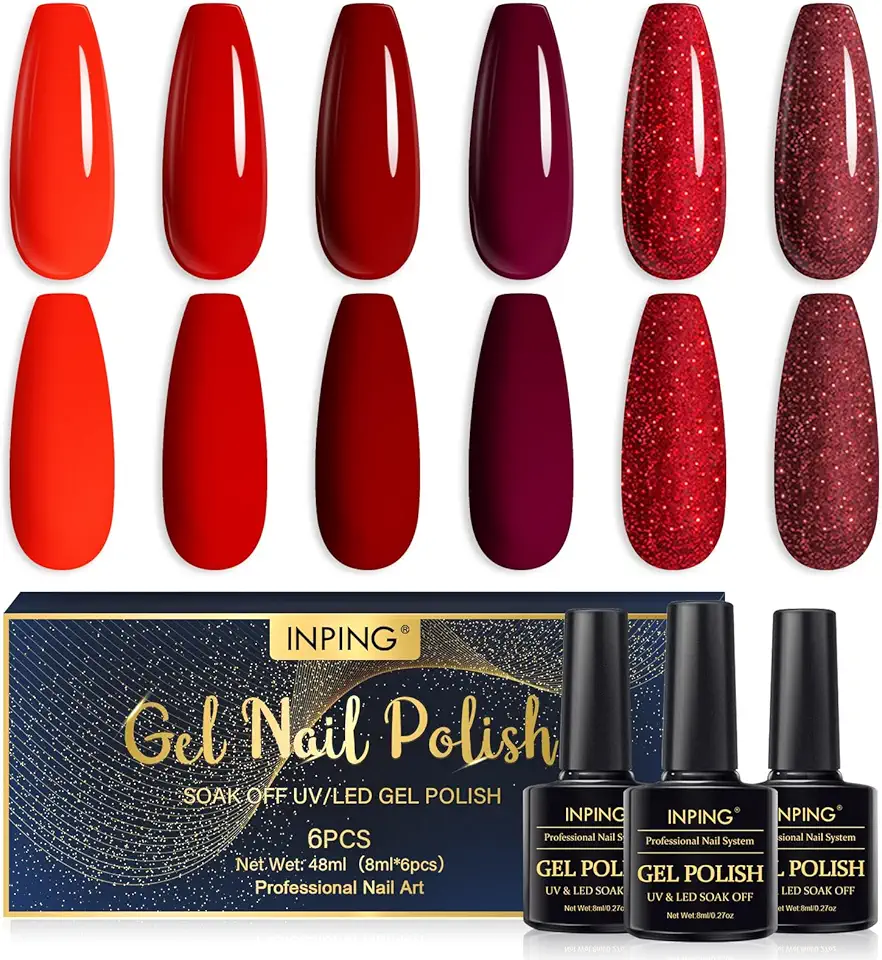 INPING Smalto Semipermante Per Unghie Rosso, 6 Colori Rosso Scuro San Valentino Serie Set Di Smalti UV Gel, Rosso Scuro Glitter ie Gel per Halloween/Natale Nail Art 8ML