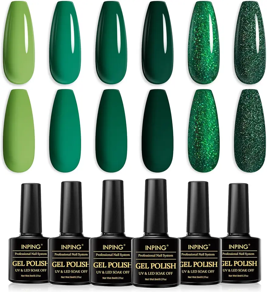 INPING Smalto Semipermante Per Unghie Verde, 6 Colori Primavera Estate Verde Foresta Serie Set Di Smalti UV Gel, Verde Chiaro Verde Scuro Matcha Glitter Gel per Natale/Esotico Nail 8ML