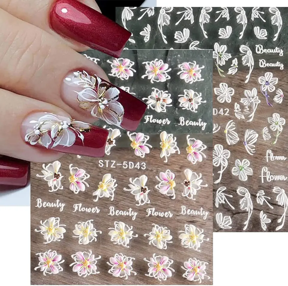 JMEOWIO 3D Fiori Adesivi Unghie Nail Art Stickers Autoadesivi 5D Decorazioni Nail Art Disegni 4 Fogli