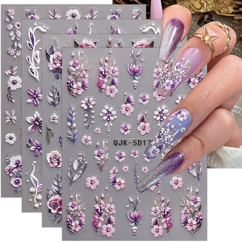 JMEOWIO 3D Fiori Adesivi Unghie Nail Art, Stickers Unghie Autoadesivi 5D Decorazioni Unghie Nail Art Disegni 4 Fogli