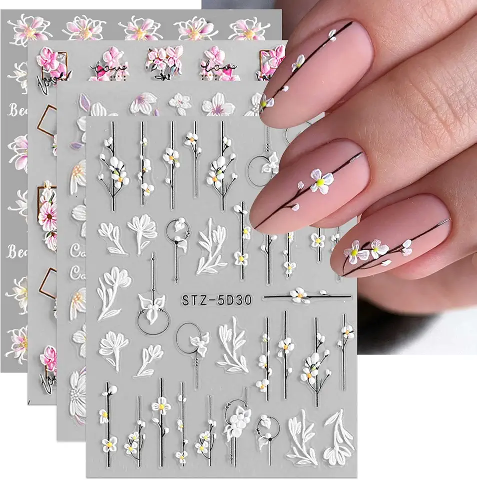 JMEOWIO 3D Primavera Fiori Adesivi Unghie Nail Art Stickers Autoadesivi 5D Decorazioni Nail Art Disegni 4 Fogli