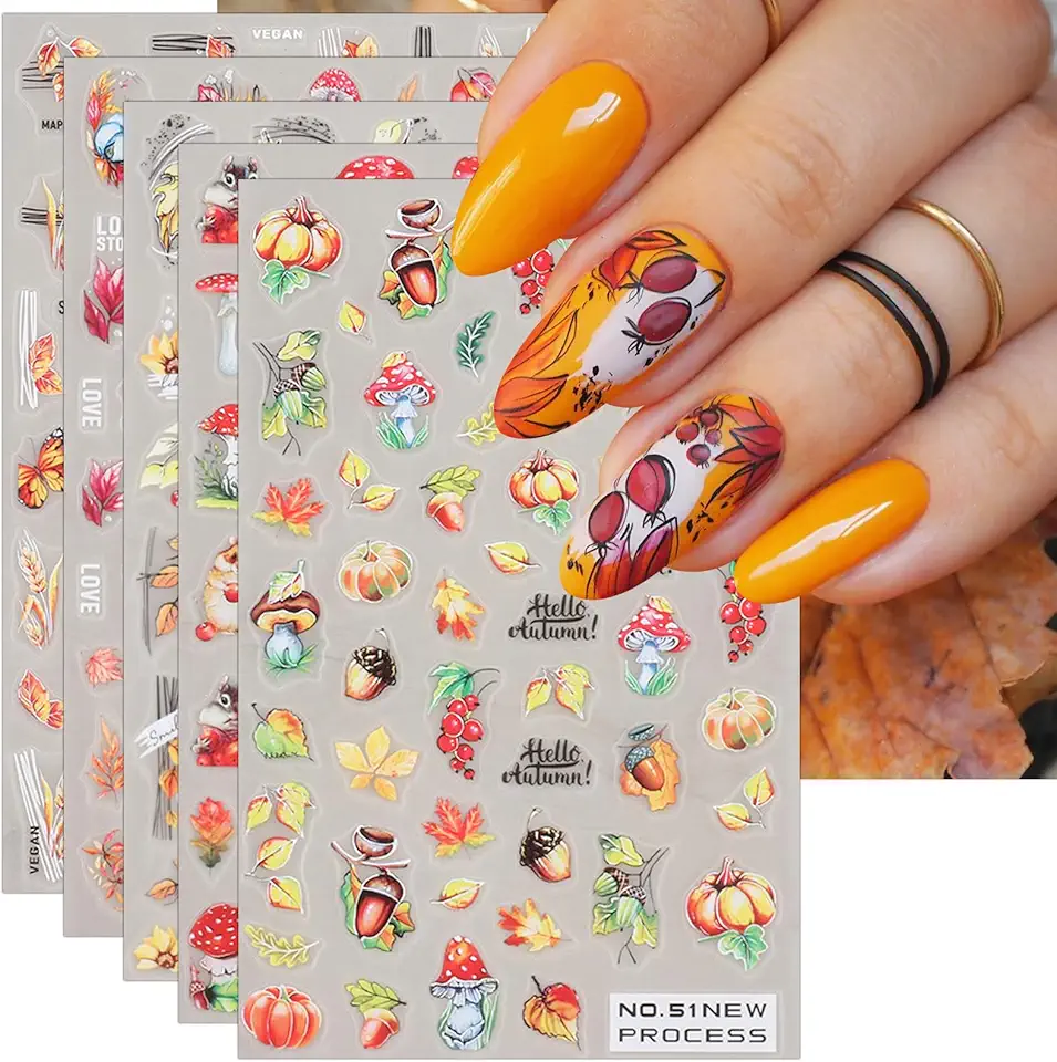 JMEOWIO Autunno Adesivi Unghie Nail Art 6 Fogli Stickers Unghie Autoadesivi Decorazioni Unghie Nail Art Disegni