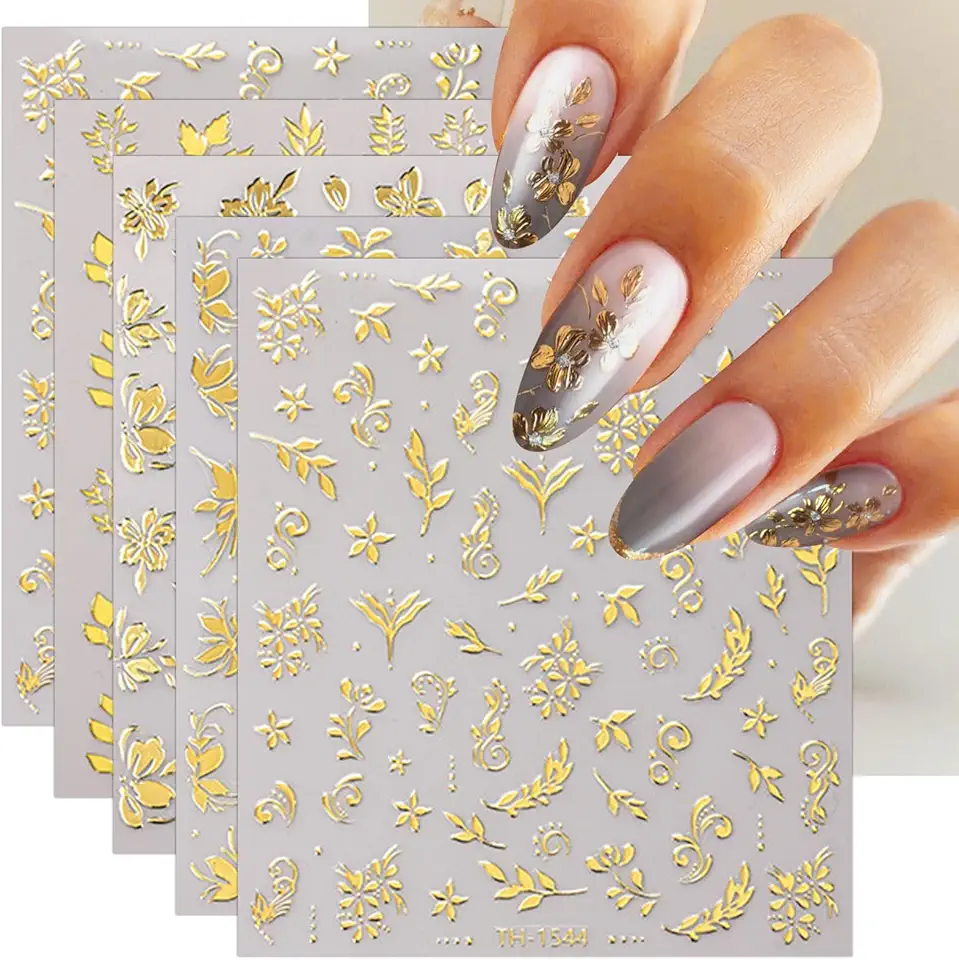JMEOWIO Foglia Fiori Oro Adesivi Unghie Nail Art 8 Fogli Stickers Unghie Autoadesivi Decorazioni Unghie Nail Art Disegni