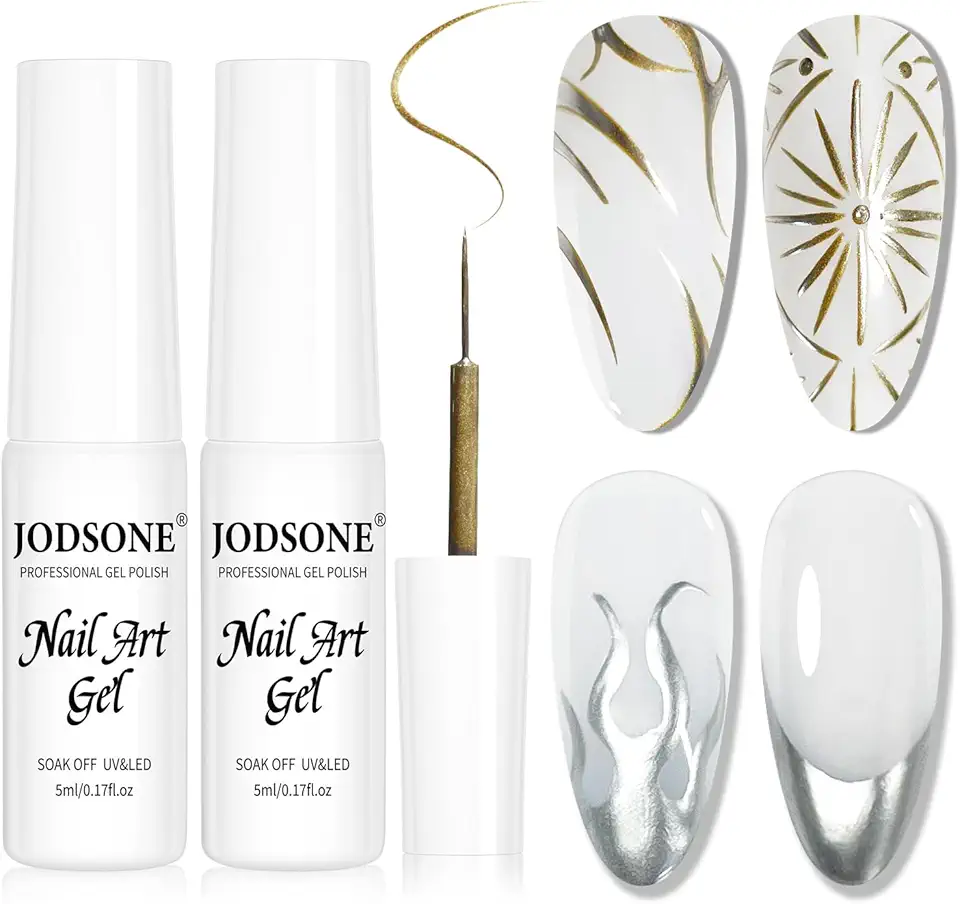 JODSONE 2 pezzi Metallic Nail Art Gel Liner Oro Specchio Cromato e Argentato Effetto 3D Smalto per unghie in gel Pennello sottile Metallo dipinto Fai da te a casa Qualità da salone Regalo per le donne