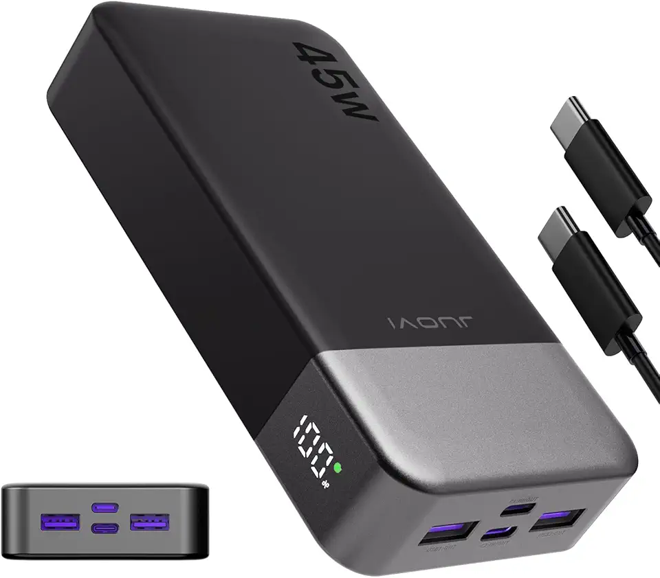 JUOVI Power Bank 20000mAh, 45W Caricatore Portatile Ricarica Rapida, Batteria Esterna 4 Porte, Caricabatterie Portatile per MacBook, Samsung, Dell, HP, Tablet, iPhone 16 15 14 13 e Altro (Nero)