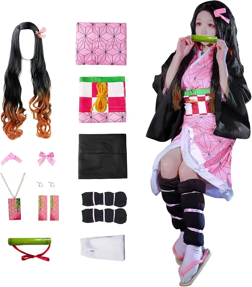 JYakeji 10 pezzi di costume da kimetsu no Yaiba Nezuko Kamado Cosplay costume kimono con parrucca, adatto per cosplay
