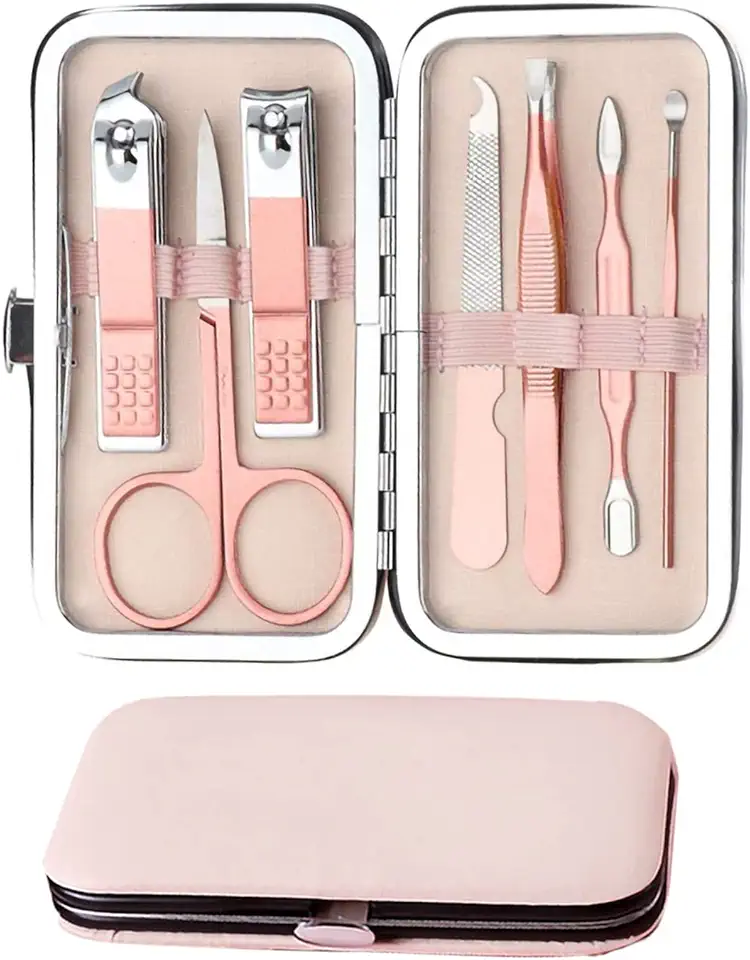 JeoPoom Tagliaunghie Set Professionale[7 Pcs], Set Manicure, Pedicure Set in Acciaio Inox Forbici per Unghie di Viaggio e Toelettatura Kit Manicure Set, Kit Cura Unghie, Con Box (Rosa)