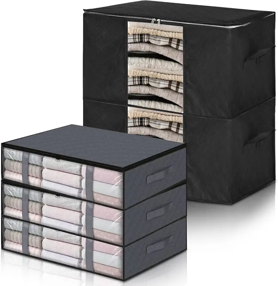 Jomdjmskes 5Pcs Scatole per Armadio, Scatole per Vestiti, Contenitori Armadio Salvaspazio con Finestra Trasparente e Manici, Contenitori Sottoletto, Scatola Armadio Pieghevole, Scatole Cambio Stagione