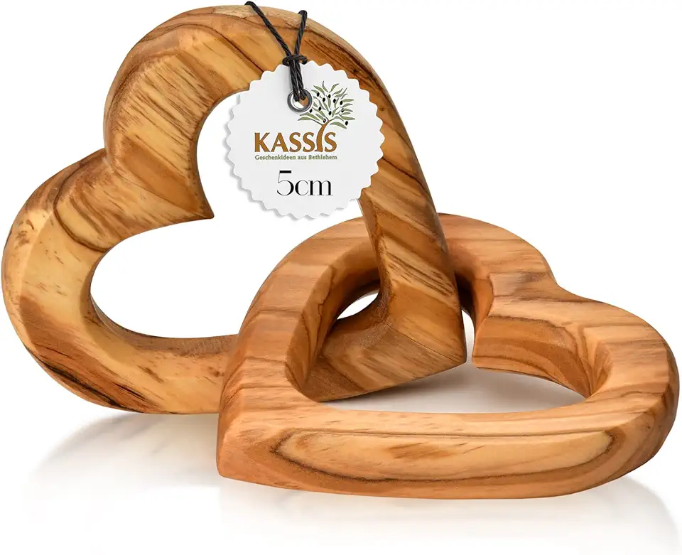 Kassis Cuori Intrecciati in Legno d'ulivo 5 cm - Regalo Fatto a Mano di Matrimonio, Anniversario o San Valentino - Decorazione casa o Tavolo