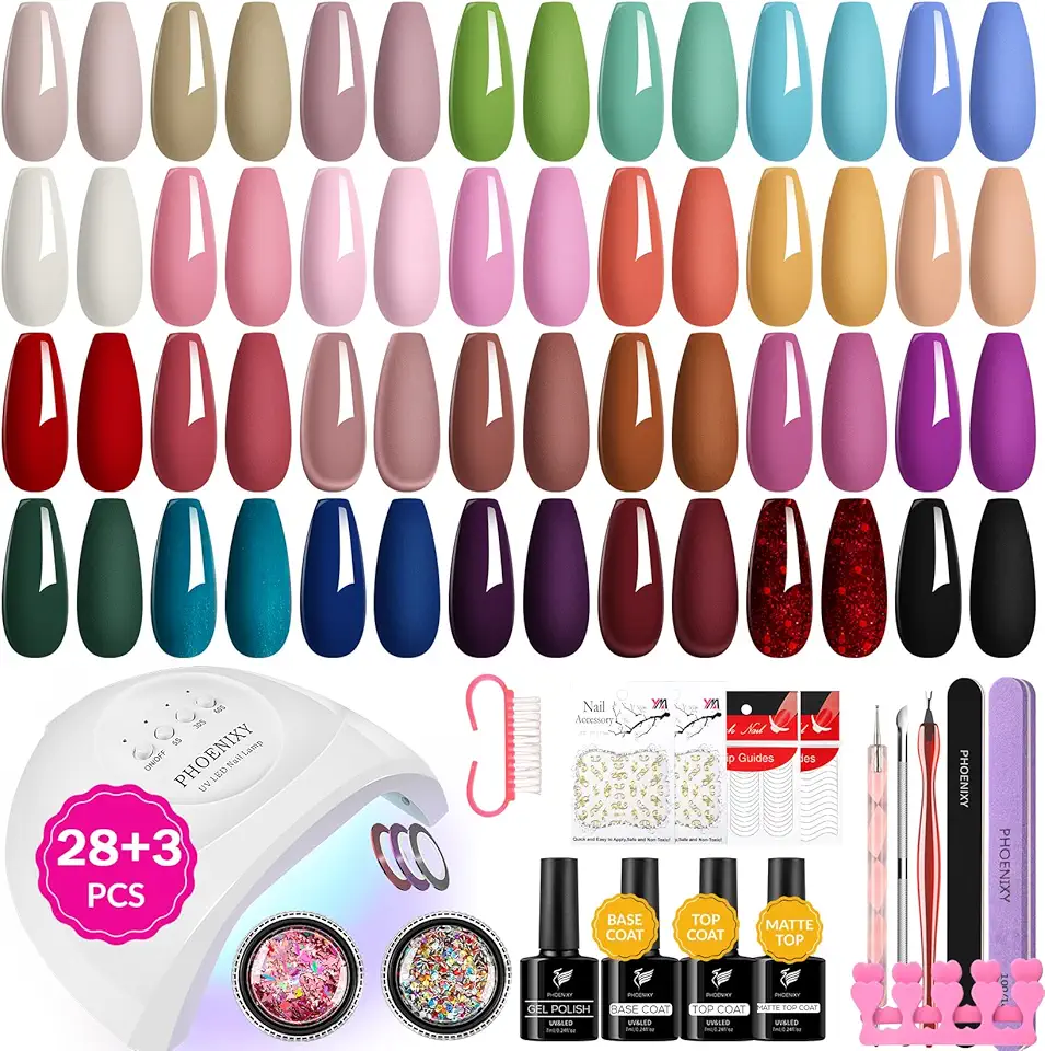 Kit Semipermanente Unghie, Phoenixy 28 Colori Smalto Semipermanente Unghie con 48W Lampada UV LED Unghie, Kit Unghie Gel Completo con Strumenti Nail Art per Principianti Regalo per Donne
