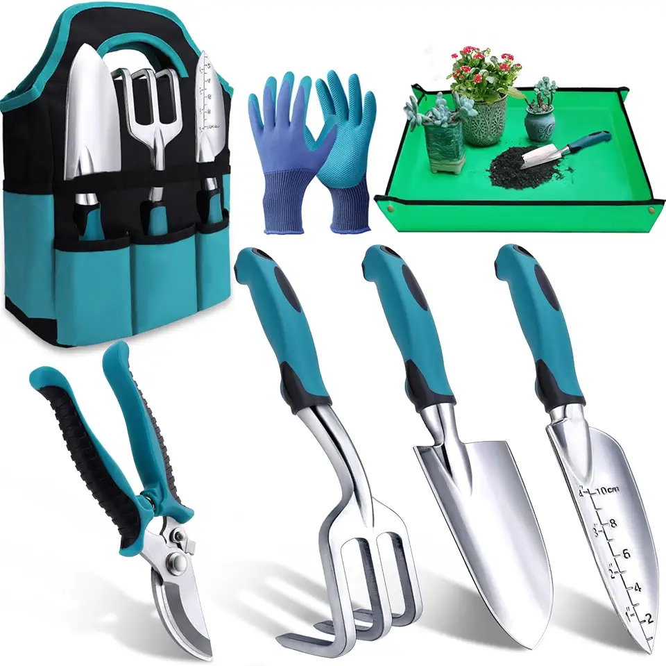 Kynup Set di attrezzi da giardinaggio, 7 attrezzi, vista ruggine, custodia durevole, impugnatura ergonomica antiscivolo, ideale come regalo da giardino per