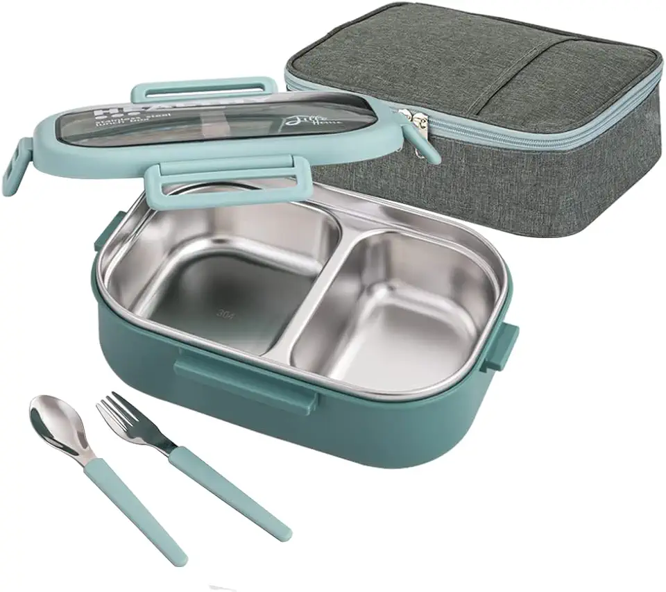 Lille Home 850ML en acier inoxydable Fuite à 2 compartiments Bento Boîte à lunch/Portion Control Continer Food avec sac à lunch et couverts, BPA gratuit (Verde)