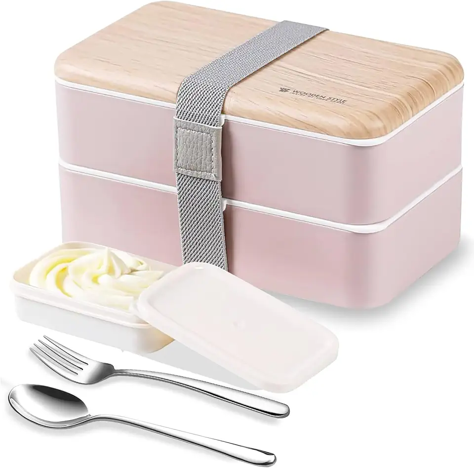 Lunchbox portapranzo Scatole bento box contenitore originale divisore bundle stile giapponese con cucchiaio e forchetta in acciaio inox(Rosa)