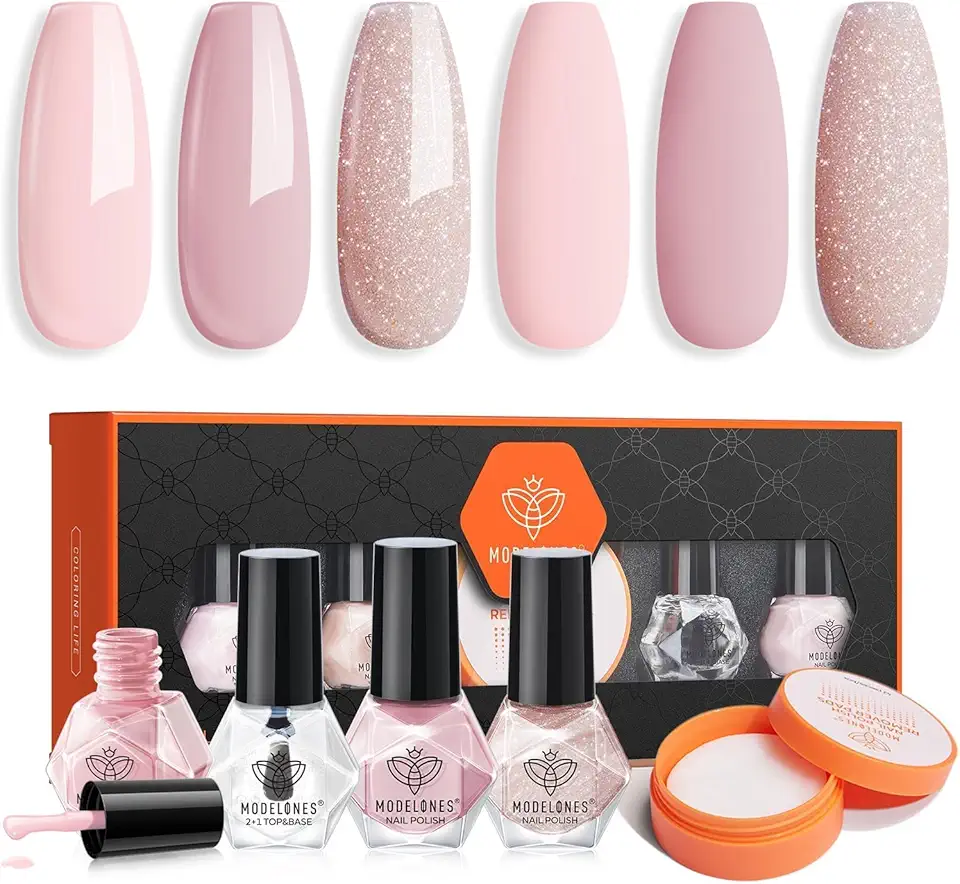MODELONES Smalto Unghie, Set Smalto per Unghie Asciugatura Rapida Glitter Nude Rosa 3 Colori, con Base, Top Coat e Nail Polish Remover Cleansing Pads, Regalo per Donne e Ragazze