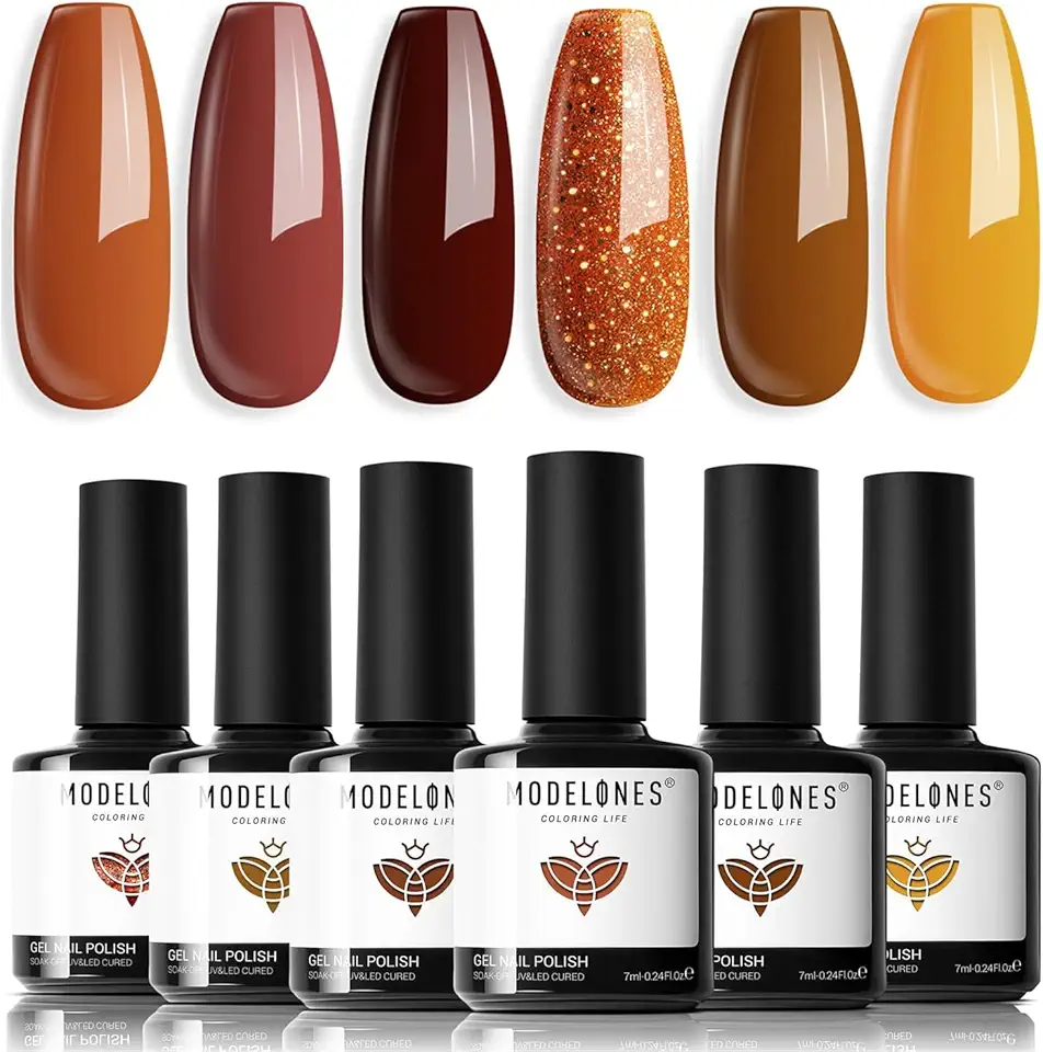 Modelones Smalto Semipermanente Unghie Autunno, Marrone Arancione Glitter 6 Colori Smalti Semipermanenti per Unghie, Soak-Off UV Gel per Nail Art Smalto Gel Professionali Kit