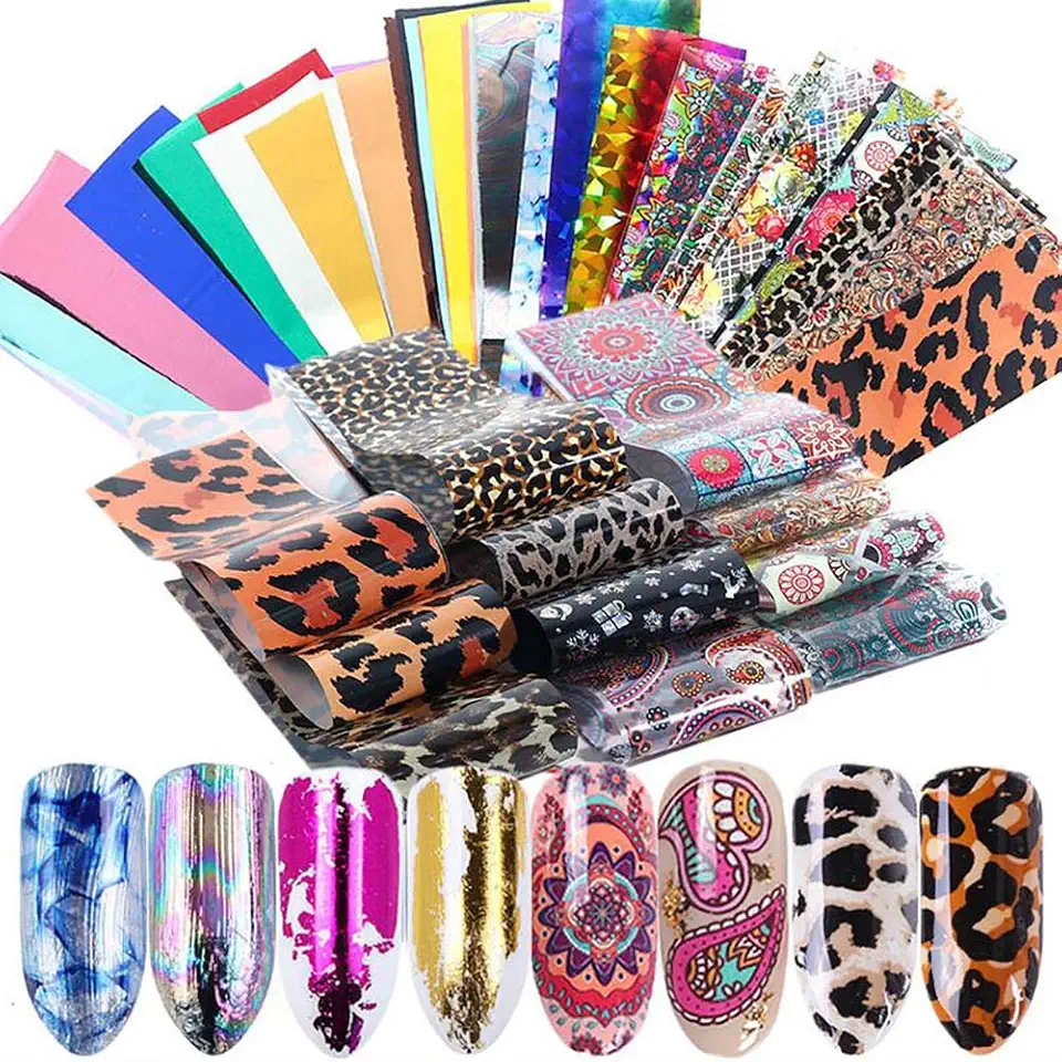 Mwoot 50 pezzi motivi misti Nail Foil Transfer Stickers Set, Professionale Adesivi Unghie Trasferimento Adesivo Decalcomanie Holographic Nail Stickers Decorazion