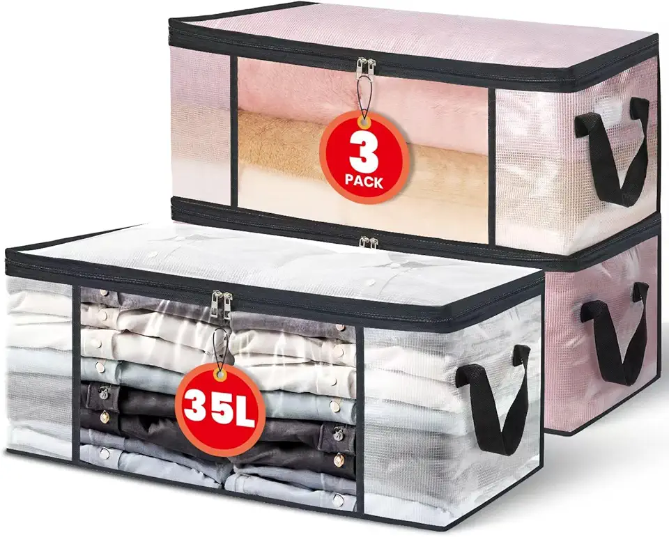 NEWSONA 3 Pezzi Scatole per Vestiti Trasparenti 35L – Contenitori Pieghevoli con Cerniera e Manici – Organizer Salvaspazio per Armadio o Sotto Letto