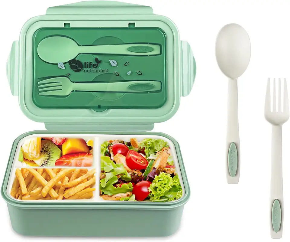 Newpop porta pranzo con 3 Scomparti e Cucchiaio Forchetta 1400ml, lunch box Perdite Senza BPA, bento box Adatto a Microonde e Lavastoviglie, portavivande per Lavoro Scolastico, Verde