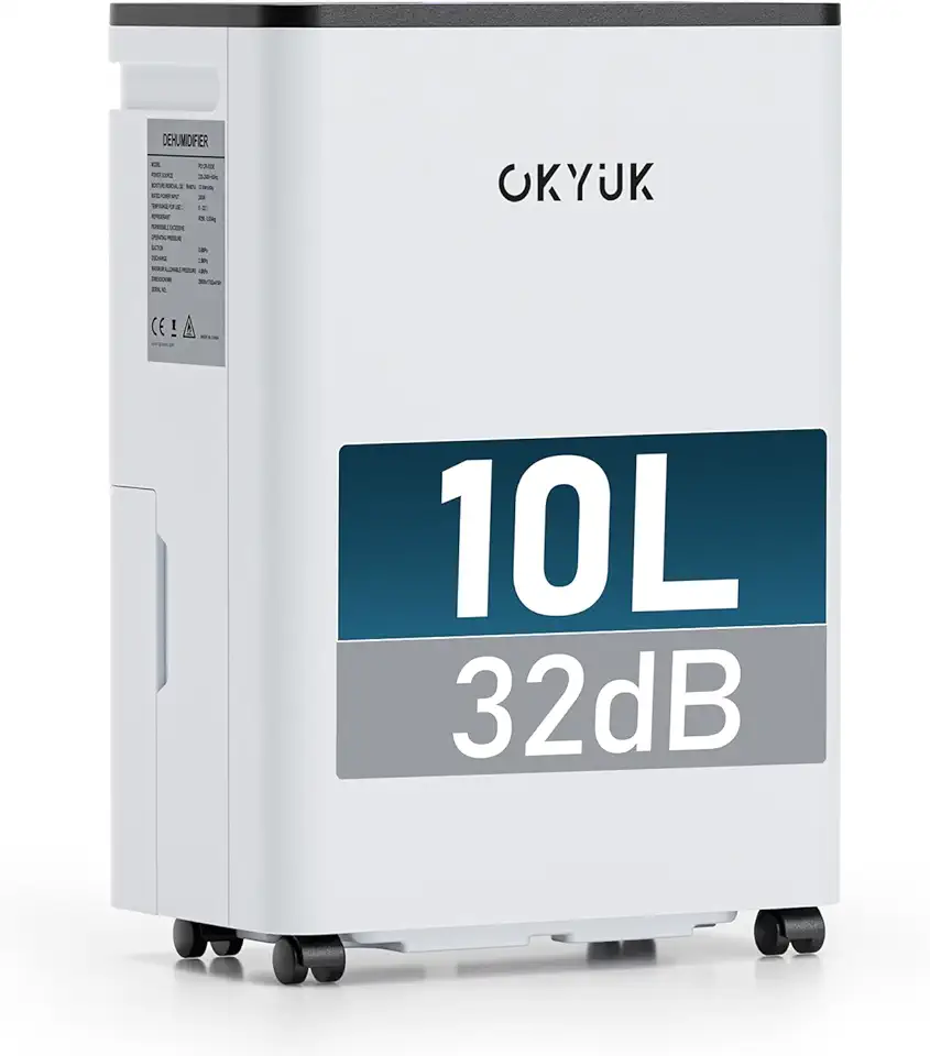OKYUK Deumidificatore Casa Muffa 10 L, deumidificatore bagno, deumidificatore casa 2.5L, 30 m², con spegnimento automatico Timing 24H, ideale per camper, bagno, camera da letto, cantina (10L Bianco)